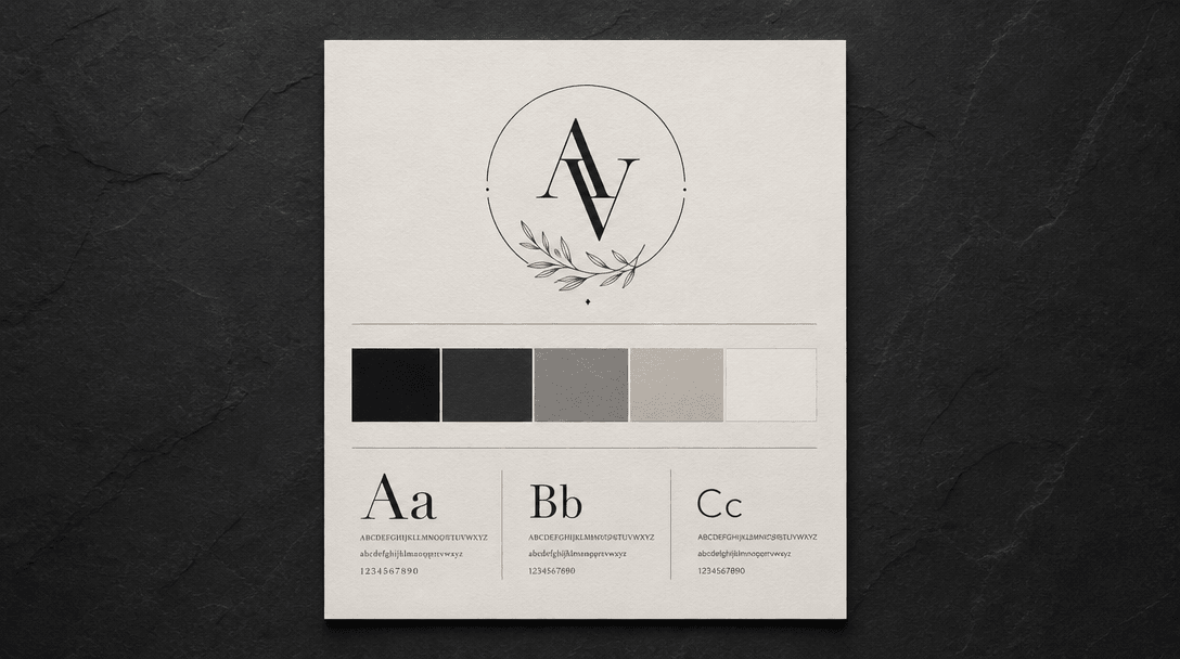 Overhead flat-lay of a single sheet of thick matte card stock displaying a structured brand identity layout: a logo zone