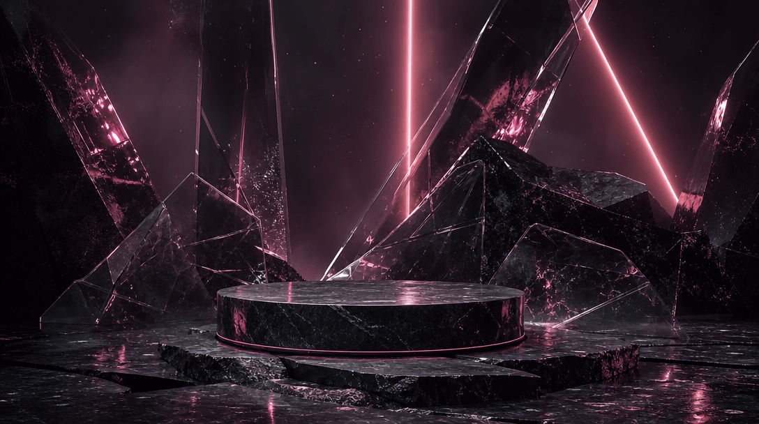 A dramatic landscape product stage built from fractured transparent glass, polished black stone, and narrow beams of hot