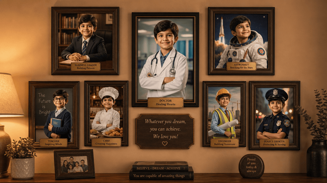 Family gift display: Multiple framed portraits showing same child in different career scenarios arranged gallery-style o