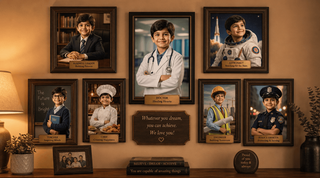 Family gift display: Multiple framed portraits showing same child in different career scenarios arranged gallery-style o