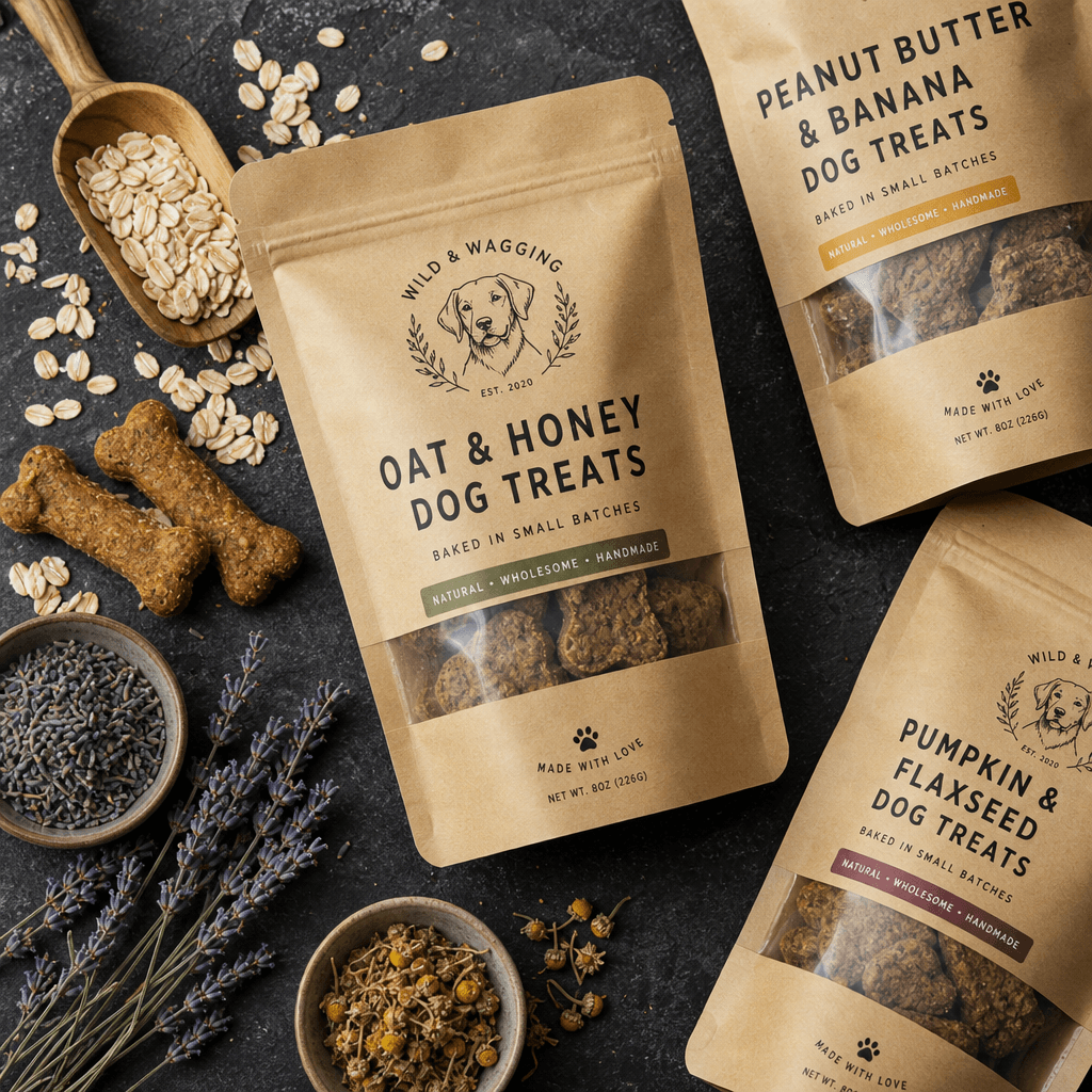 Close-up flat-lay of artisanal pet treats in kraft paper packaging arranged on dark slate, styled with loose oat grains