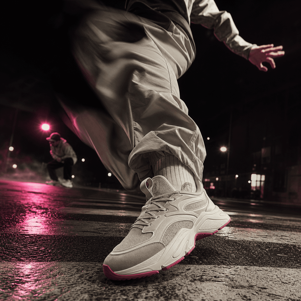 A sneaker-focused urban fashion scene with a dancer landing on one foot across painted road stripes, low camera angle, p