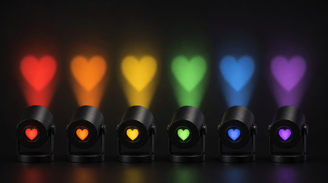 Multiple product variations with different heart spotlight colors, professional brand consistency, product display, dark