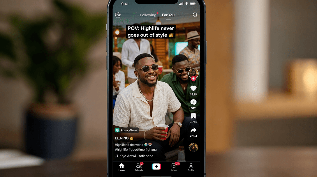 Smartphone screen showing TikTok or Instagram Reels of high-life video with engagement metrics visible, viral aesthetic,