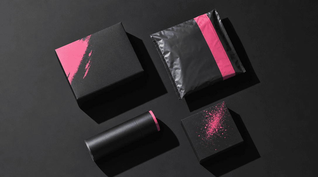 Ecommerce brand content array: dark editorial overhead flat-lay of four product packages in varied shapes, all sharing a