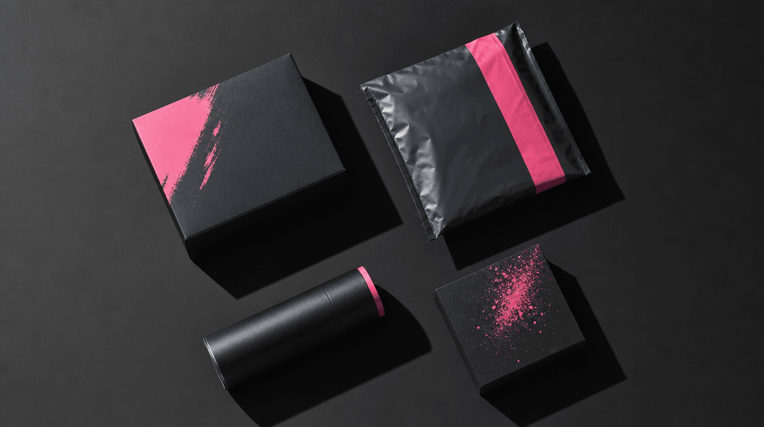 Ecommerce brand content array: dark editorial overhead flat-lay of four product packages in varied shapes, all sharing a