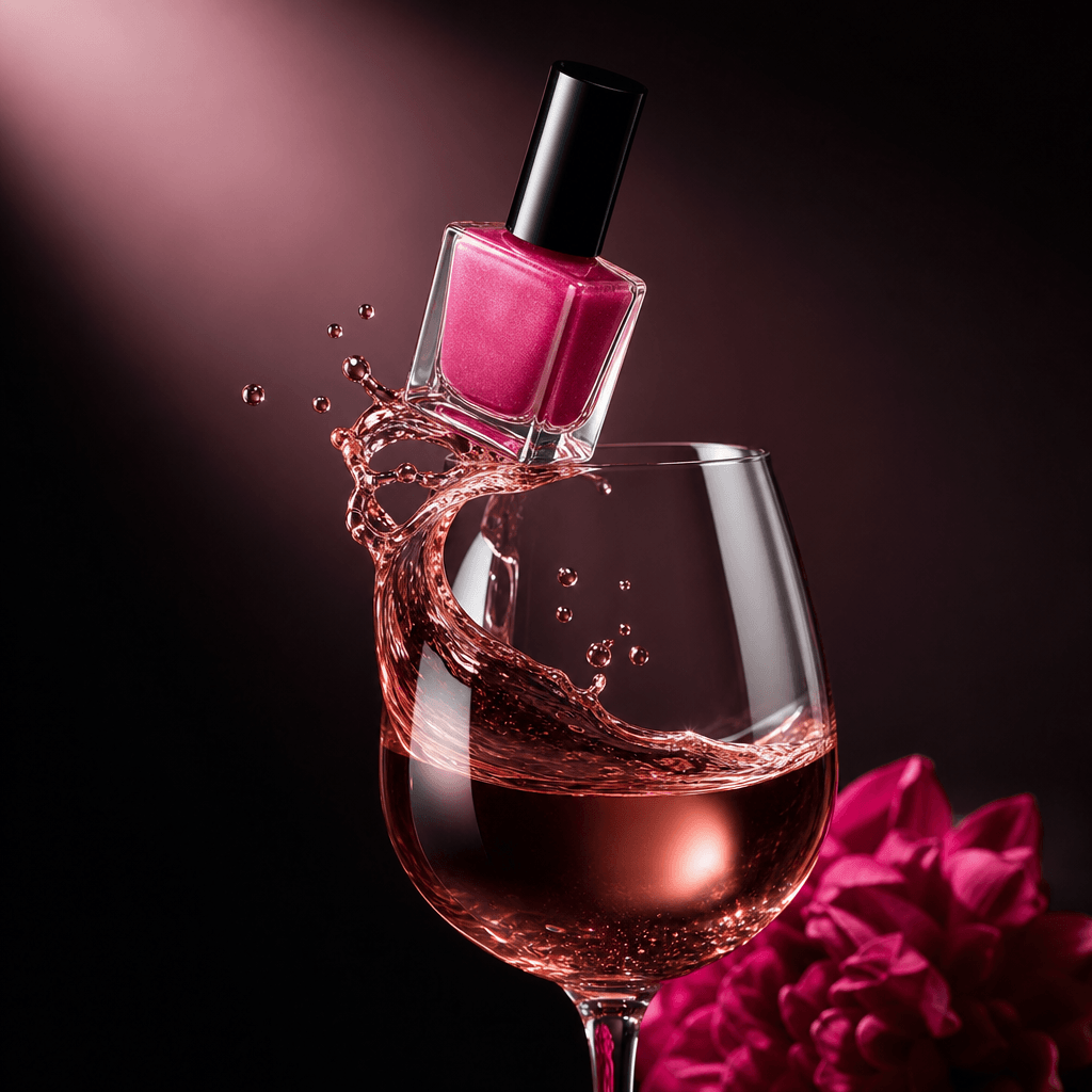 A glossy nail polish bottle balanced on the rim of a rosé-filled wine glass as liquid curls around its base, cinematic d