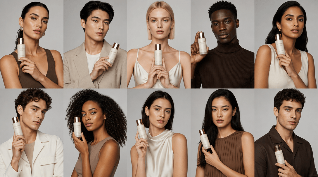 Multiple models arranged symmetrically, each holding or featuring the same product. Professional fashion photography, st