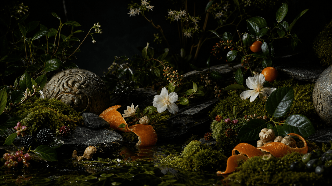 A lush botanical still life of glossy leaves, spring blossoms, citrus peel, berries, moss, and carved stone arranged acr