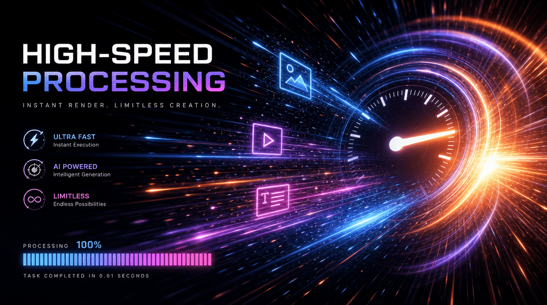 High-speed processing visualization. Particle effects and light streaks representing instant rendering and generation. C