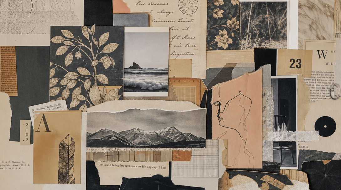 Abstract arrangement of collage materials — layered photos, decorative cutouts, vintage papers, artistic composition wit