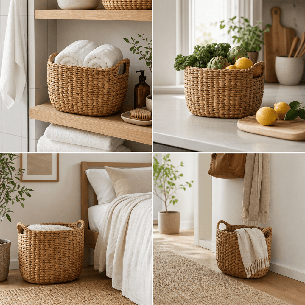 2×2 grid lifestyle collage of a woven rattan basket in four styled home settings — bathroom shelf with folded towels, ki