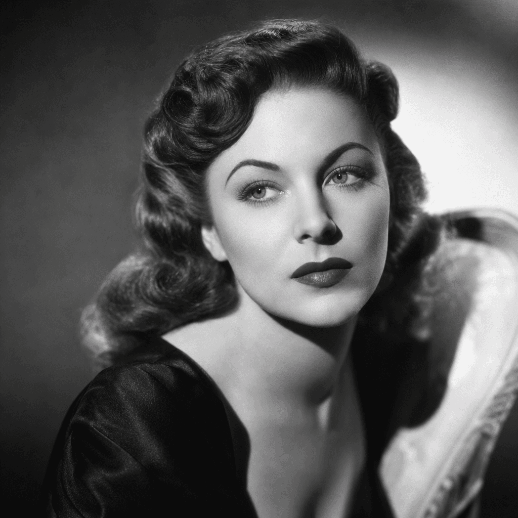 Black and white Hollywood glamour portrait, 1940s styling, dramatic side lighting, professional makeup, soft focus backg