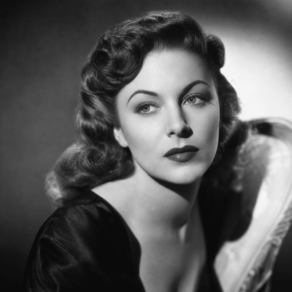 Black and white Hollywood glamour portrait, 1940s styling, dramatic side lighting, professional makeup, soft focus backg