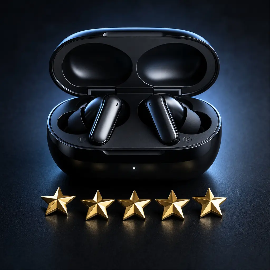 Tech product ecommerce shot: wireless earbuds in a glossy black charging case resting on a deep charcoal surface. Subtle
