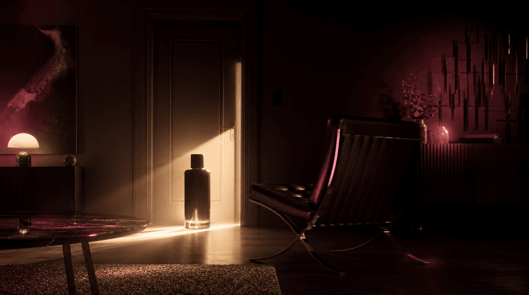 A cinematic sequence implied in one frame: a closed doorway, a dramatic beam of light, and a chair turned sharply toward