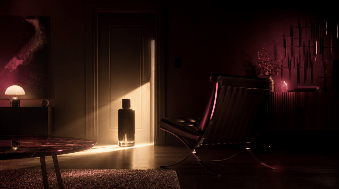 A cinematic sequence implied in one frame: a closed doorway, a dramatic beam of light, and a chair turned sharply toward