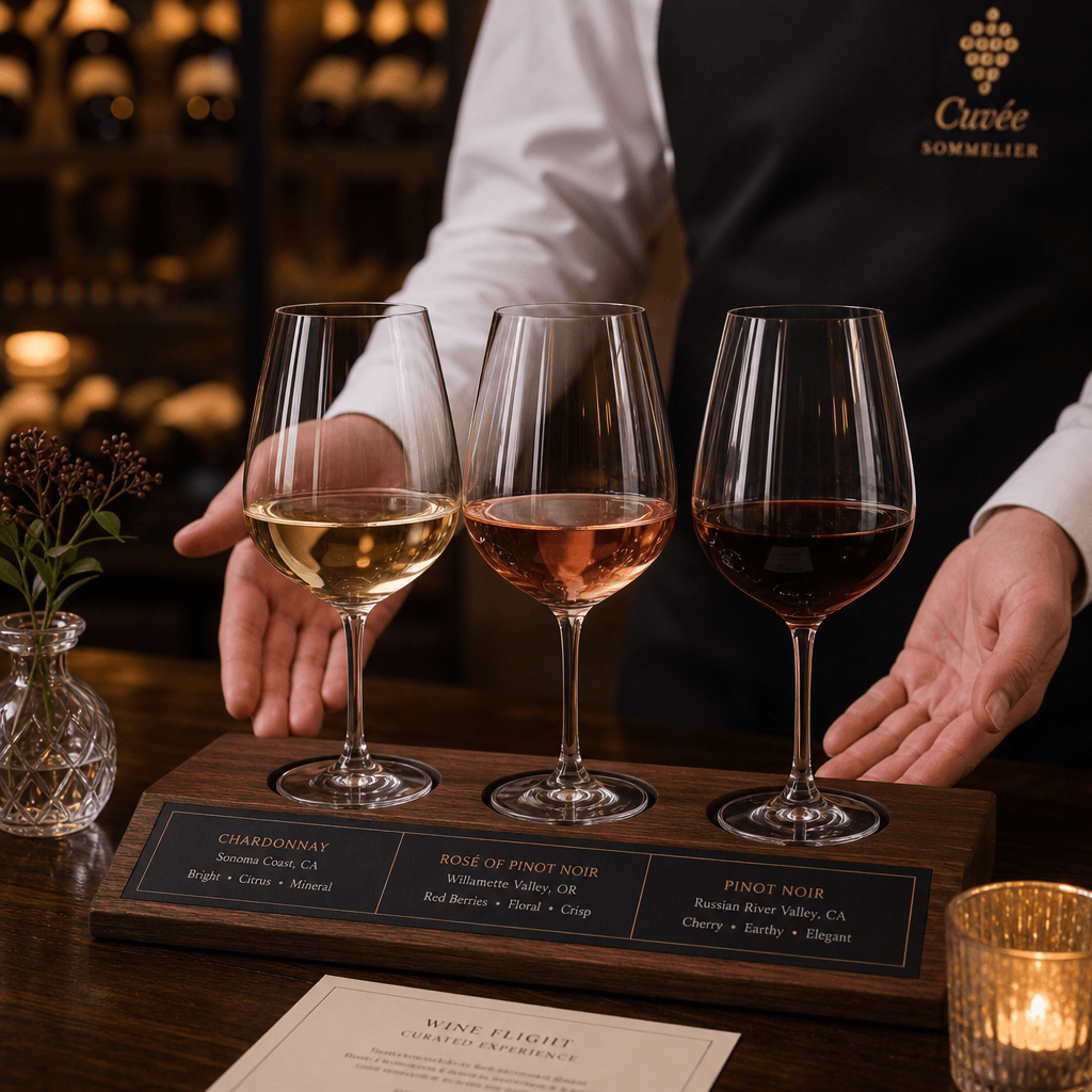 Wine flight presentation, three glasses with different wines, tasting setting, professional sommelier service aesthetic.