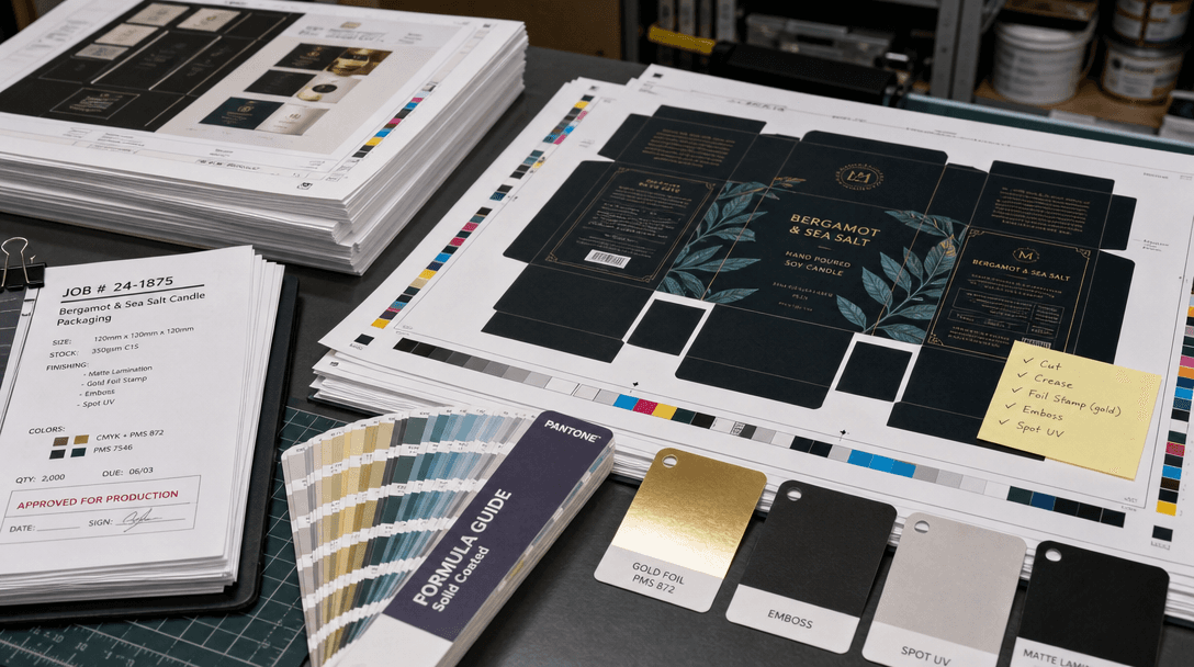 Print shop production files stacked with color proofs and material swatches, professional print setup, manufacturing pre