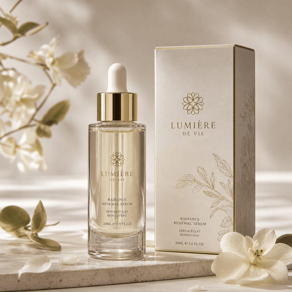 Luxury skincare serum bottle with elegant botanical elements, luxury packaging detail, soft diffused light, refined edit