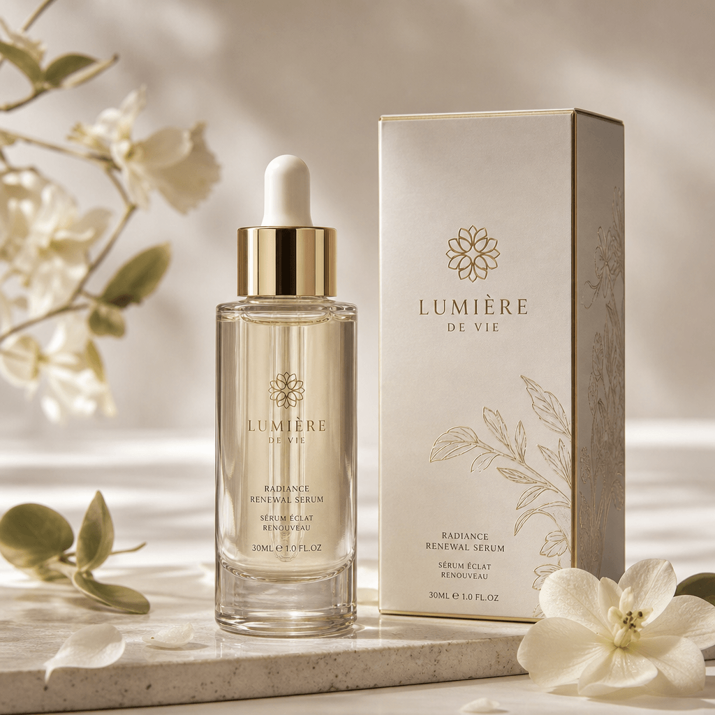 Luxury skincare serum bottle with elegant botanical elements, luxury packaging detail, soft diffused light, refined edit