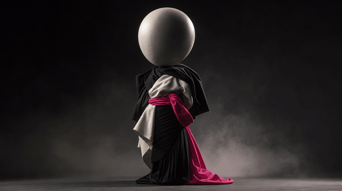 A sculptural fashion mannequin form with an intentionally oversized smooth head and compact body, wrapped in layered bla