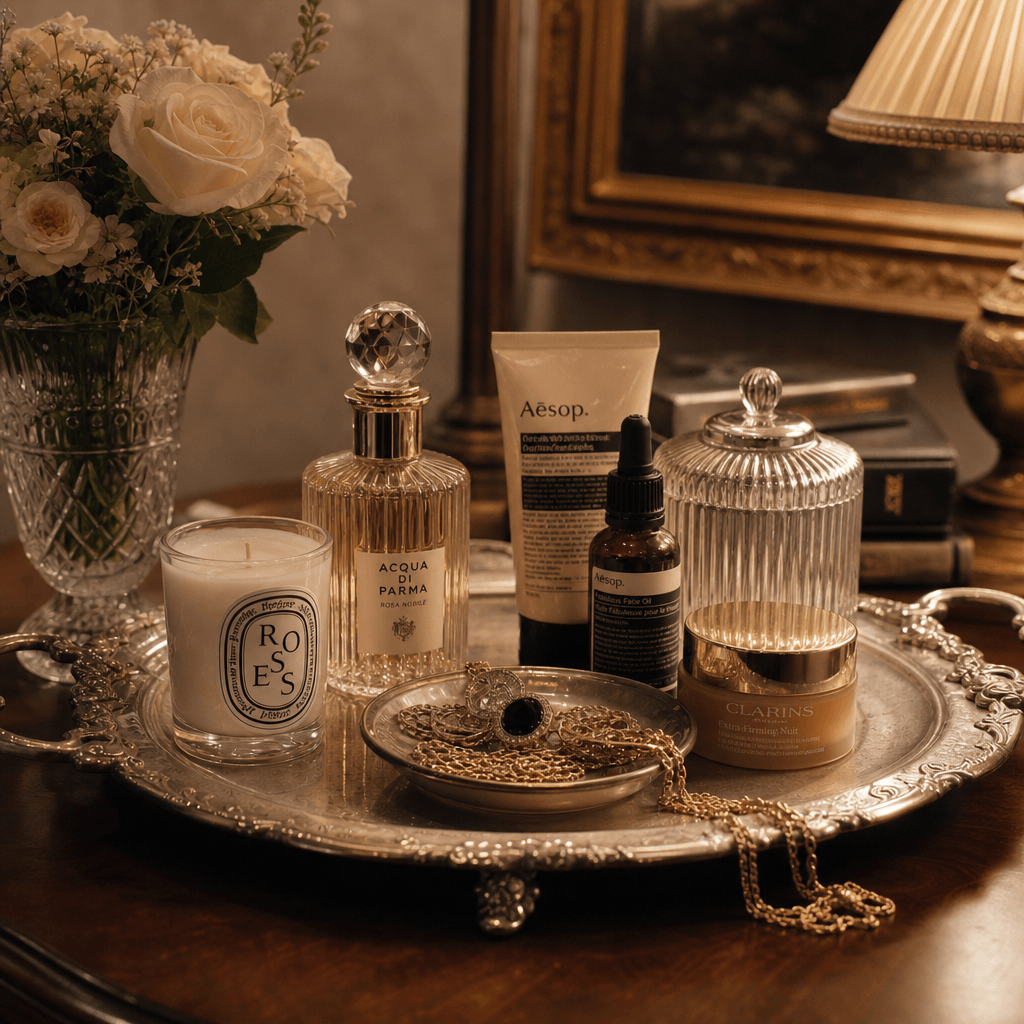 Elegant silver tray arrangement. Multiple products artfully displayed on vintage silver surface. Cozy interior, warm gol