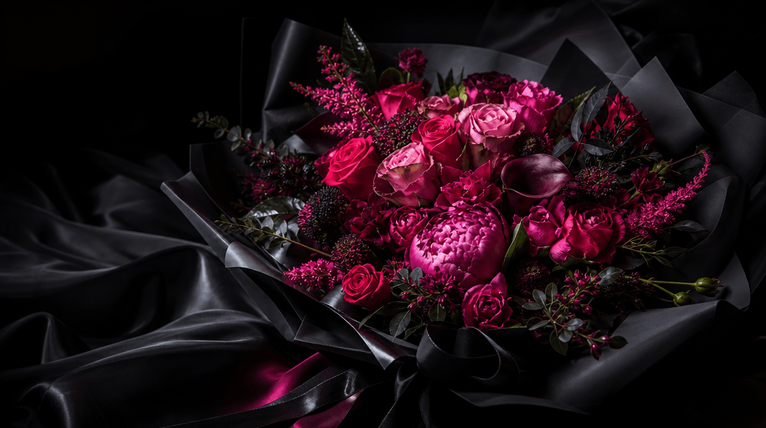 An elaborate bouquet emerging as the brightest subject from layers of near-black fabric and soft shadow, symbolizing cle