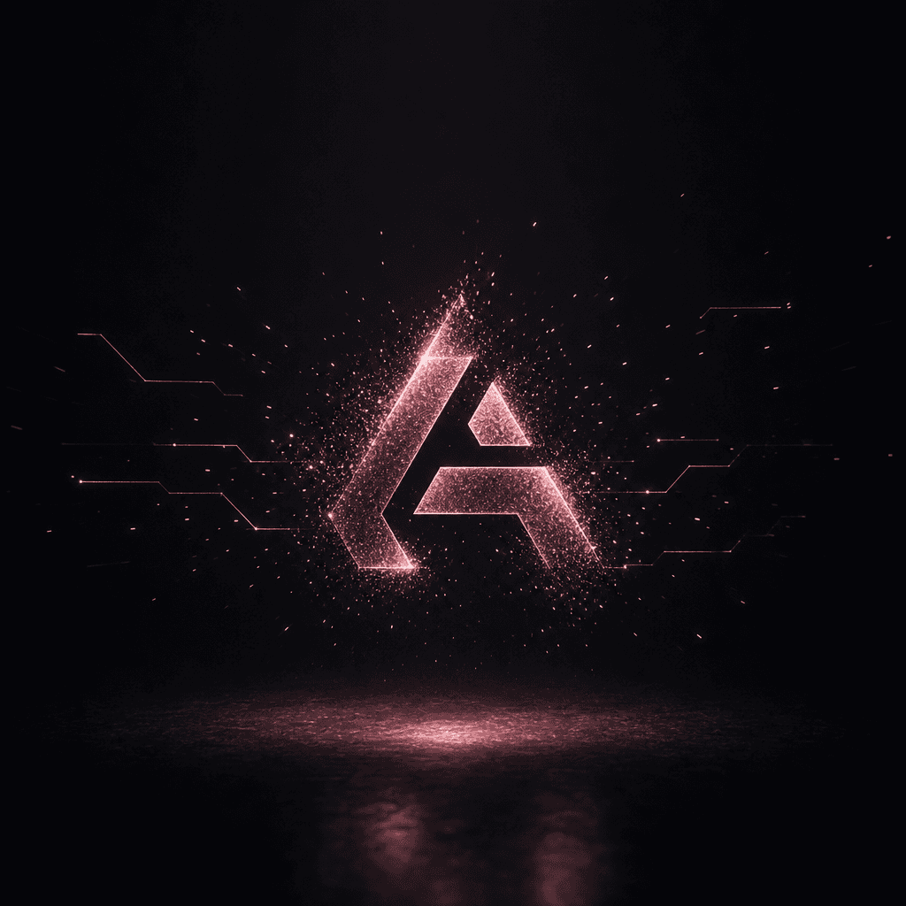 Minimalist tech brand reveal: abstract geometric logo form composed of floating light particles converging into a clean
