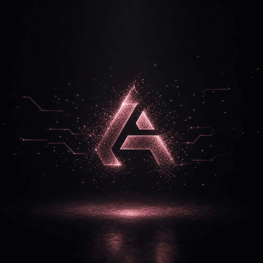 Minimalist tech brand reveal: abstract geometric logo form composed of floating light particles converging into a clean