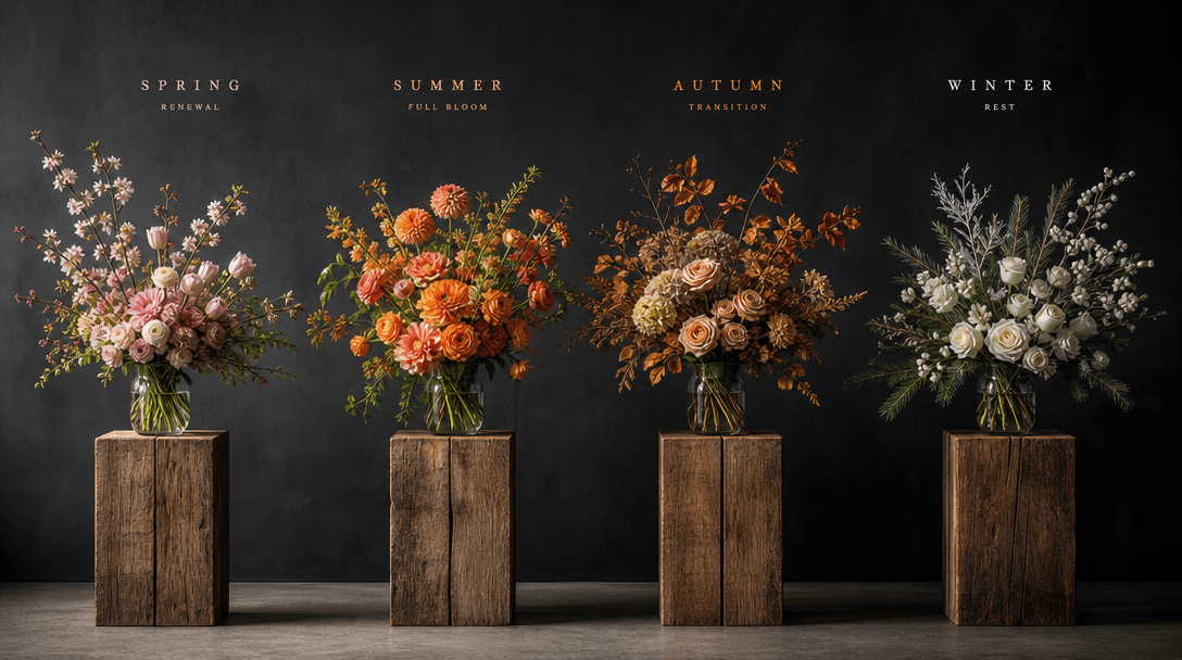 A coordinated sequence of bouquets in changing seasonal palettes arranged across repeating wooden plinths, deep charcoal