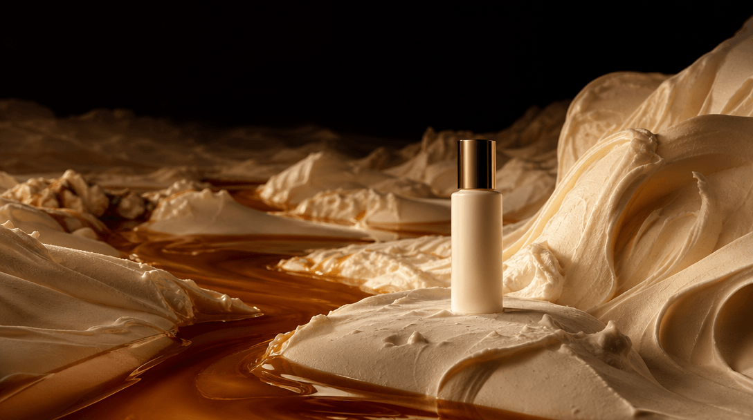 A surreal landscape of sculpted vanilla ice cream folds surrounding one pristine cosmetic bottle, caramel flowing throug