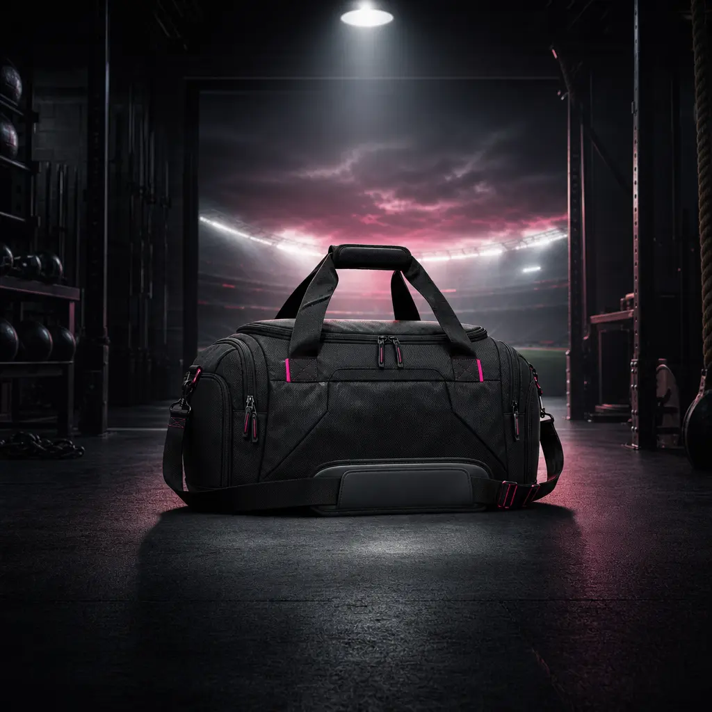 A premium gym bag centered in an industrial training space, transitioning visually into an outdoor stadium through layer