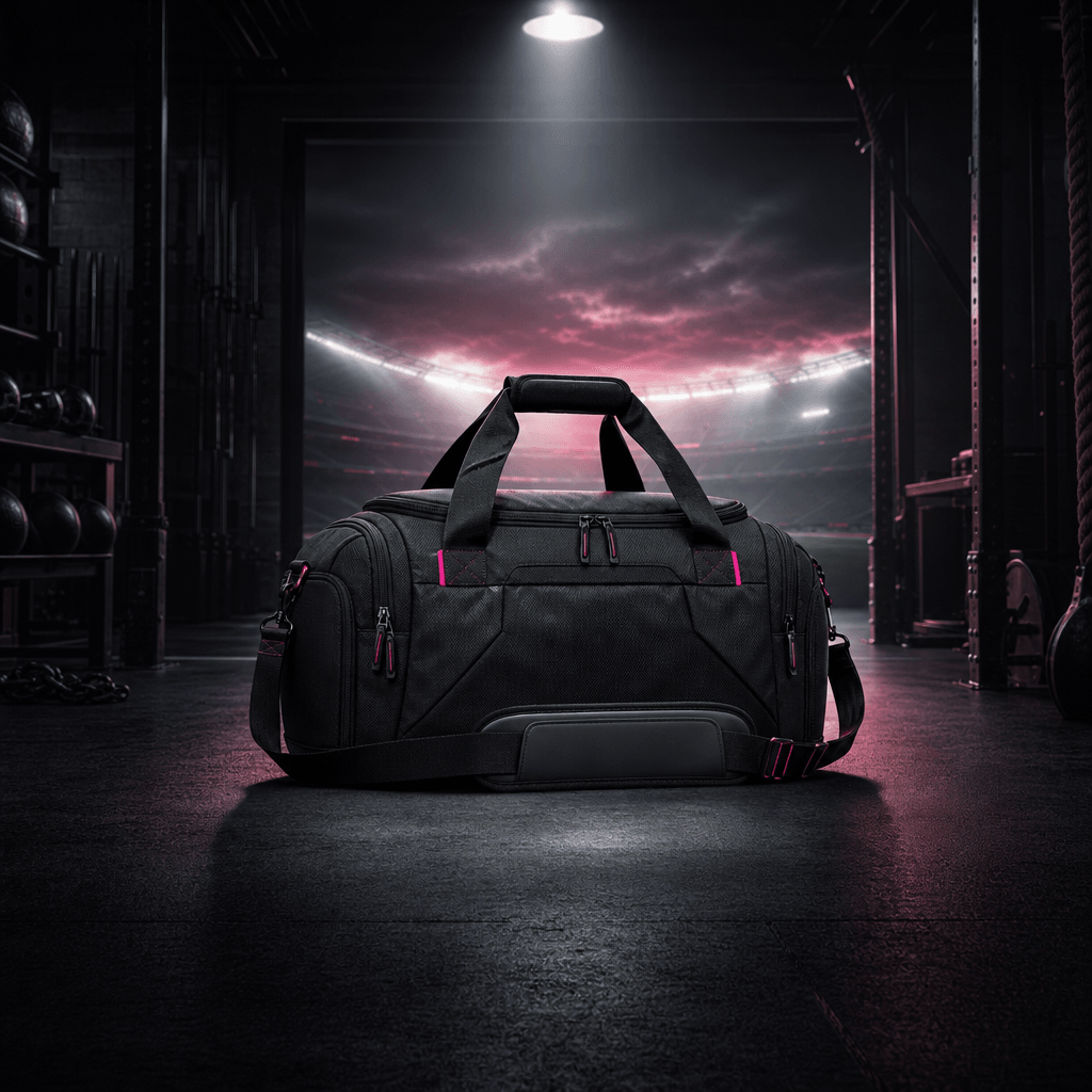 A premium gym bag centered in an industrial training space, transitioning visually into an outdoor stadium through layer
