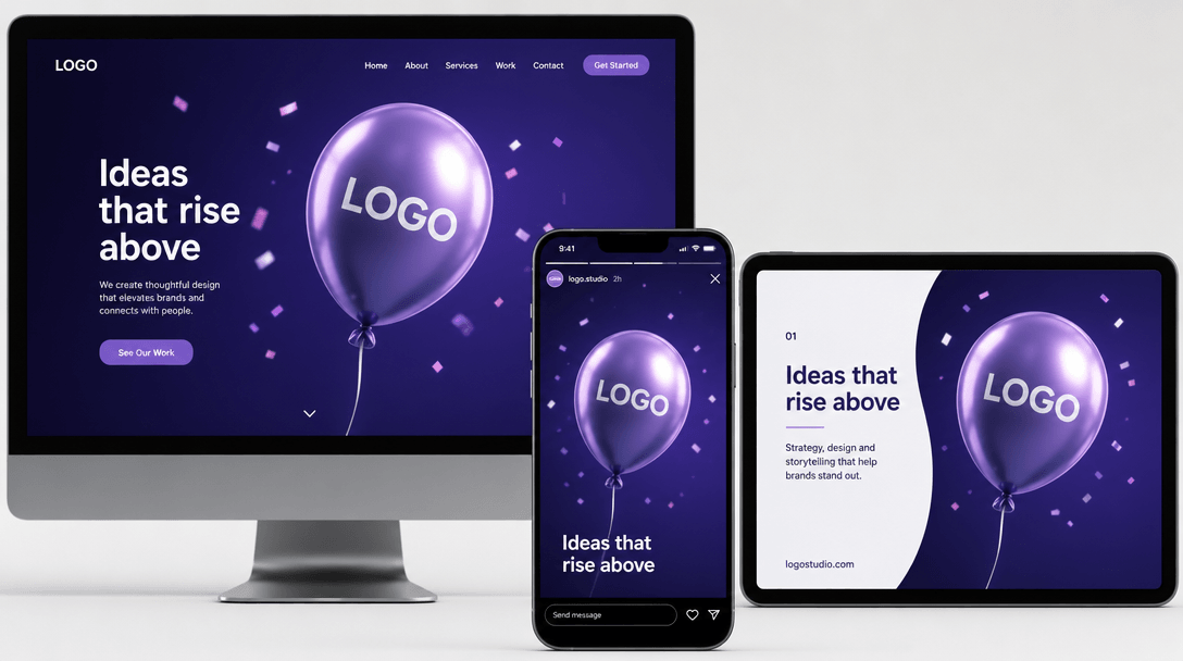 Logo balloon animation playing on multiple screens—desktop browser showing website hero, mobile phone displaying Instagr