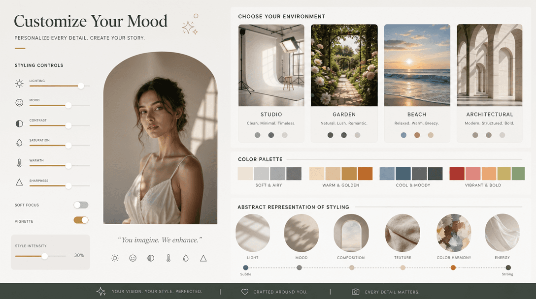 Background and mood customization visualization. Multiple environment suggestions—studio, garden, beach, architectural.