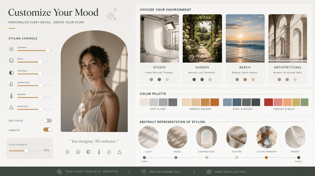 Background and mood customization visualization. Multiple environment suggestions—studio, garden, beach, architectural.