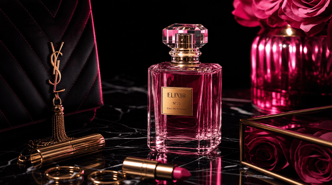 Three-point lighting setup creating dramatic shadows and bright highlights, hot pink accent light reflecting off shiny l