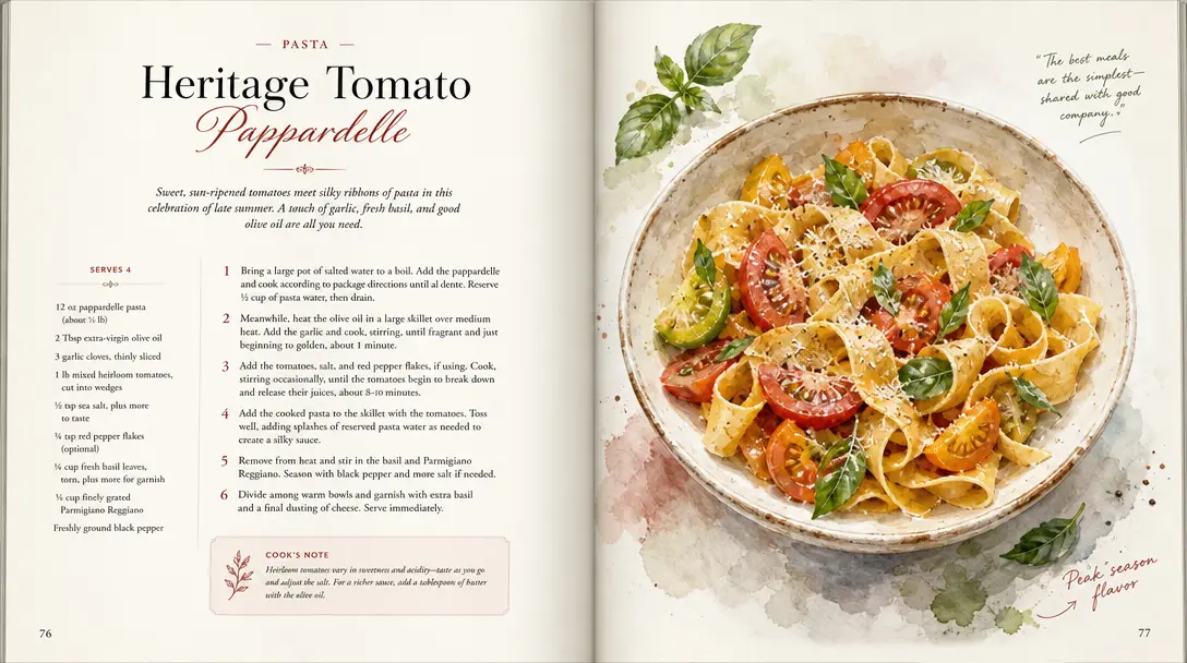Cookbook page spread with recipe and illustration, elegant typography, watercolor food art, culinary design, editorial l