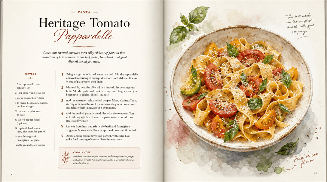 Cookbook page spread with recipe and illustration, elegant typography, watercolor food art, culinary design, editorial l