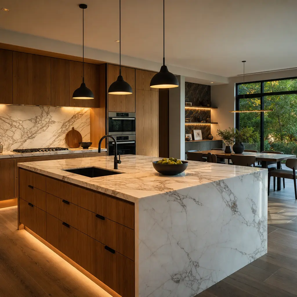 Open-plan kitchen and dining area — warm oak cabinetry with integrated handles, a large island under three matte pendant