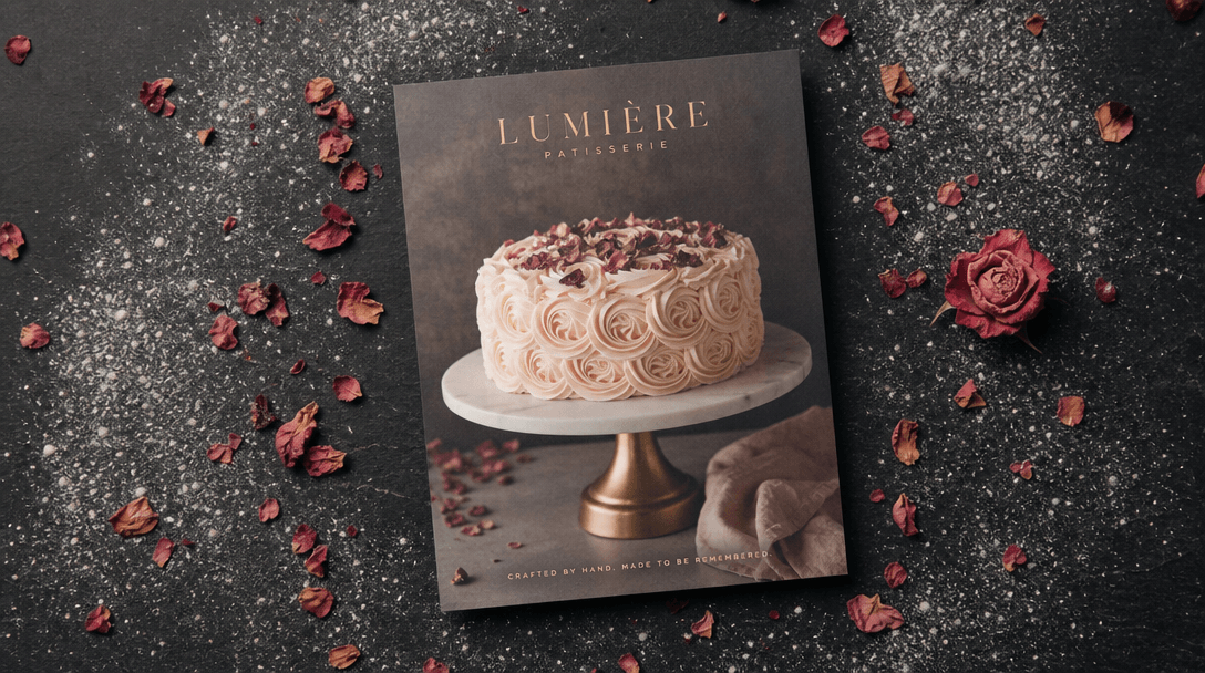 A finished cake-styled product image printed on thick matte card stock, placed flat on a dark slate editorial surface. S