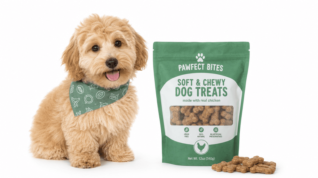 Seamless composition: adorable pet and product perfectly arranged together in bright well-lit studio, natural color harm