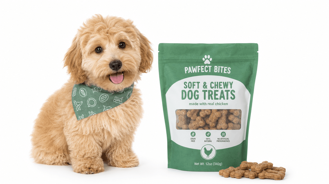 Seamless composition: adorable pet and product perfectly arranged together in bright well-lit studio, natural color harm