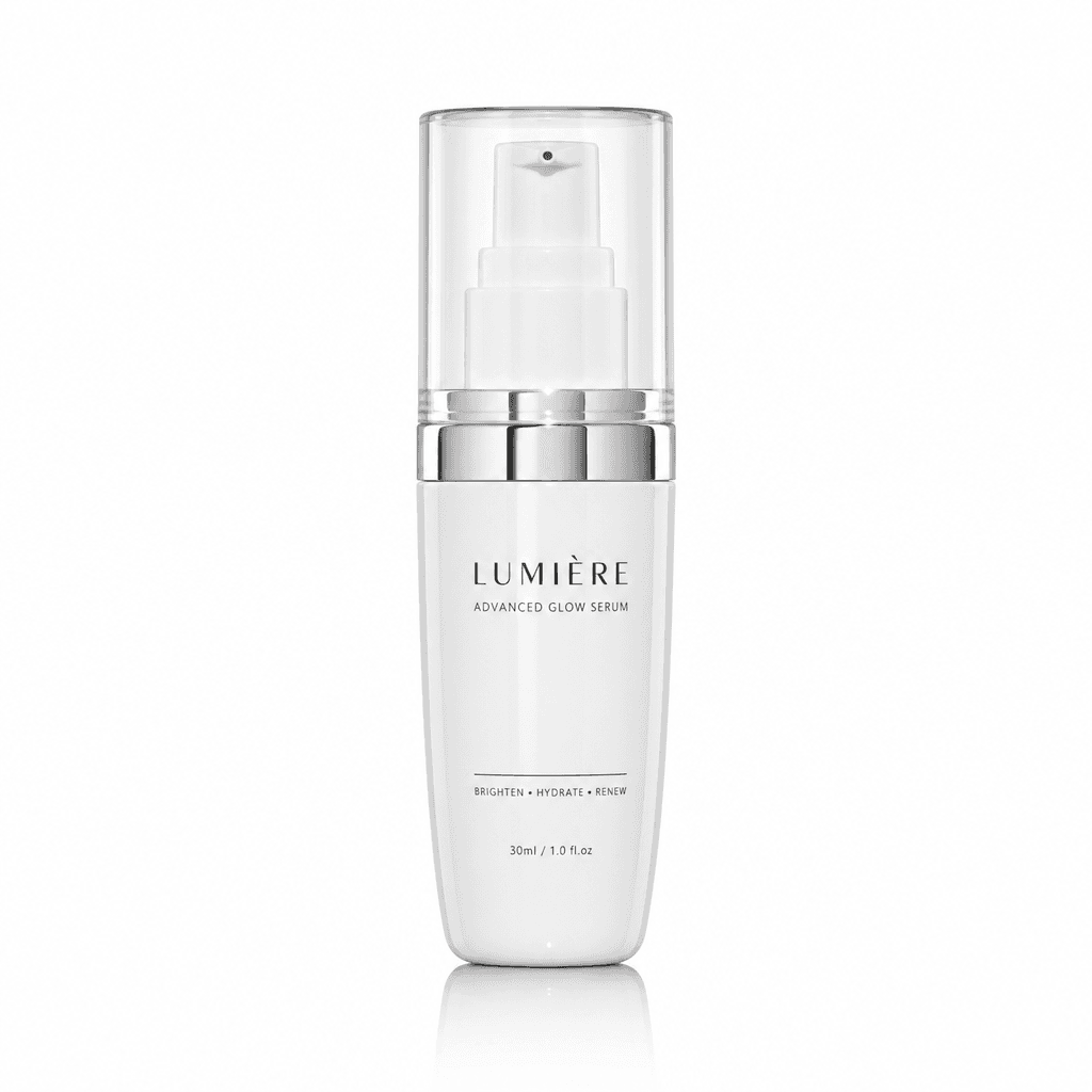 Product photography studio setup: glossy white cosmetic bottle centered on pristine white background, perfect three-poin