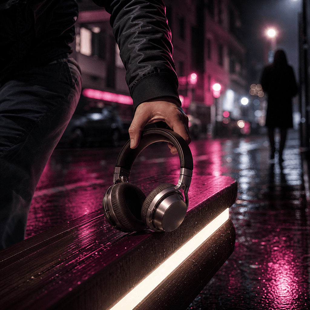 A compact pair of premium headphones being lifted from an illuminated street bench by an anonymous passerby, captured as