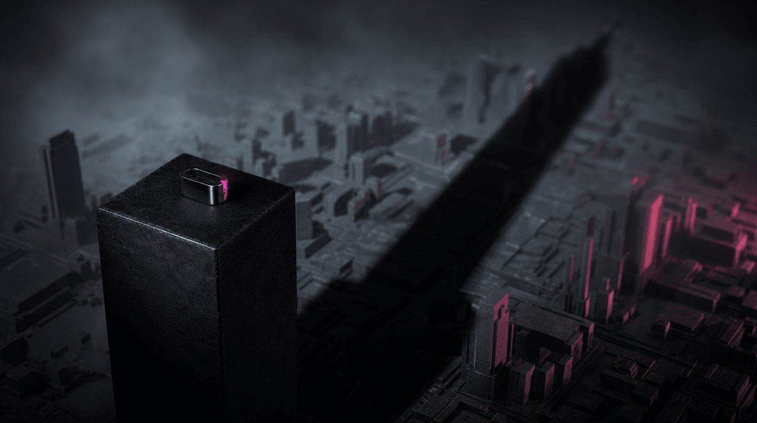 A tiny premium product on a black stone plinth casting the shadow of a monumental skyscraper across an abstract city mod