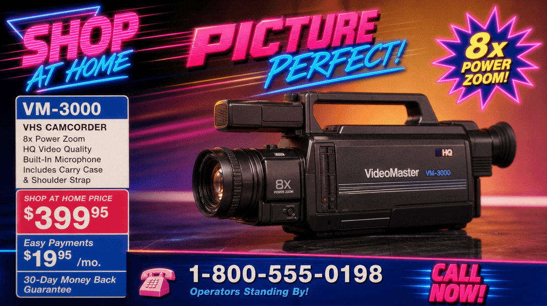 Animated 1980s-style text and graphics overlaying a product showcase, vibrant neon colors (hot pink, electric blue), sho
