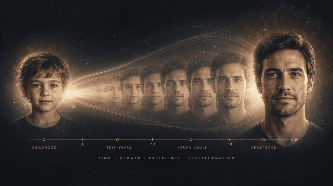 Abstract visualization of aging: child photo on left, subtle morphing transition in center with timeline elements, adult