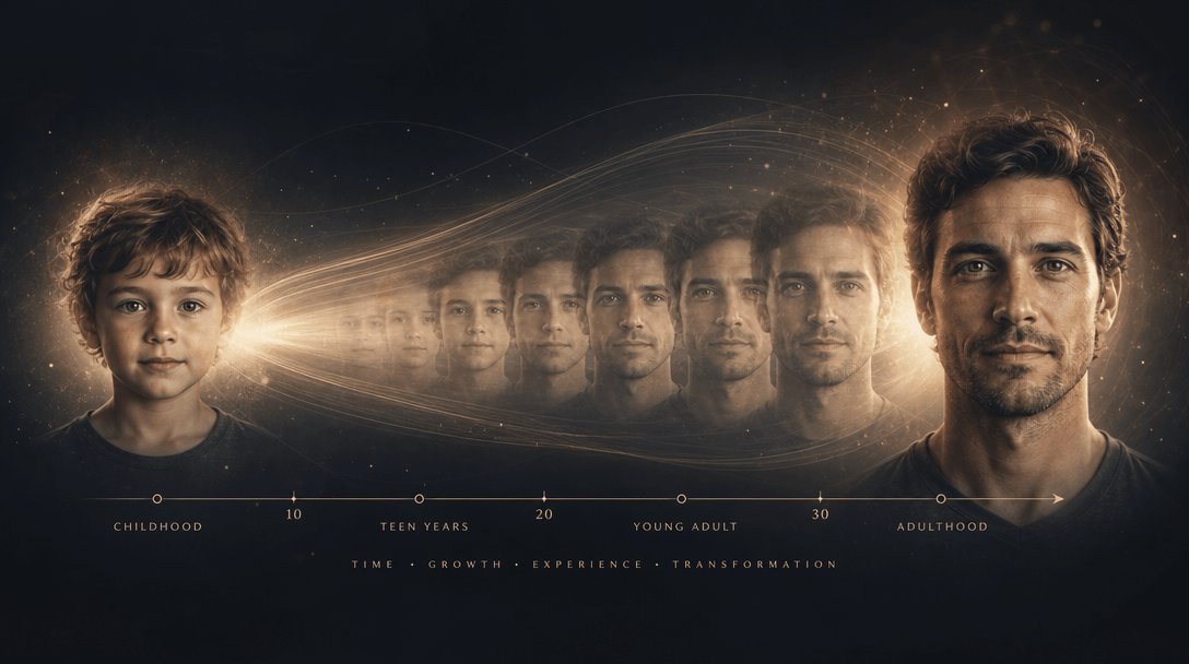 Abstract visualization of aging: child photo on left, subtle morphing transition in center with timeline elements, adult